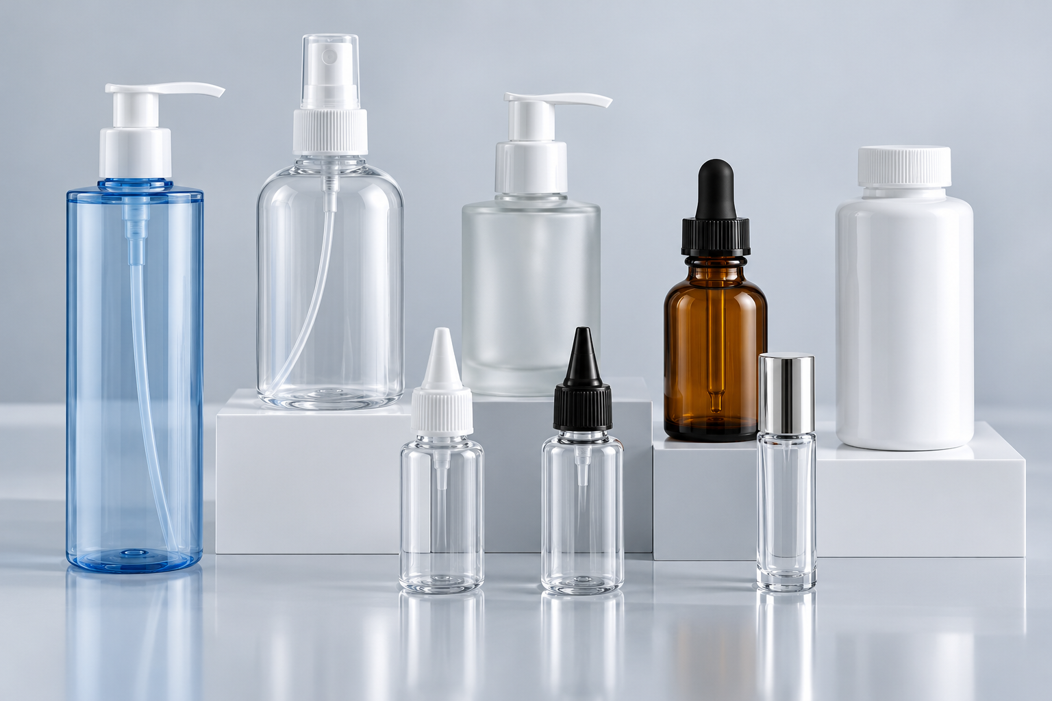Illustrative collection of glass and plastic bottles with pumps, droppers, dispensing tips and roller closures